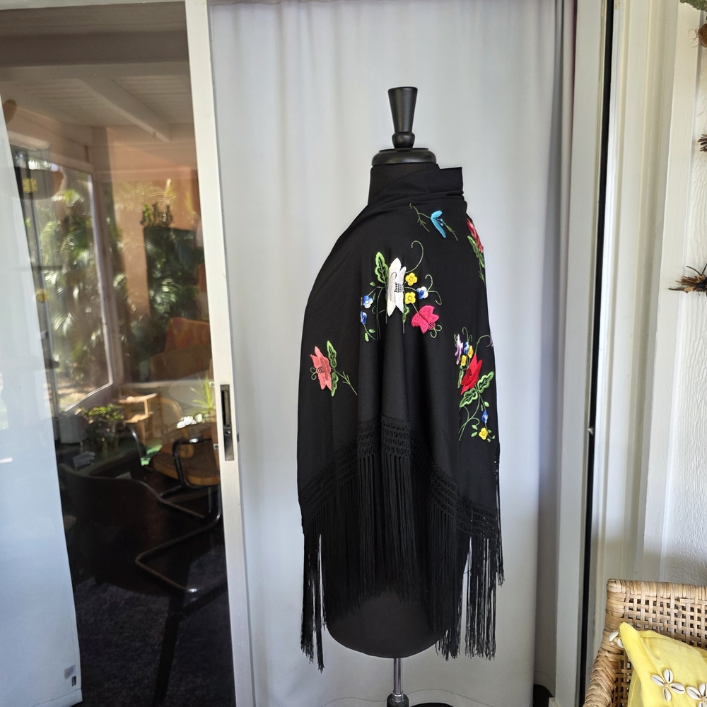 Vintage Boho Chic Fringe Black Floral Embroidered Wrap Triangle Scarf - Picture 5 of 13